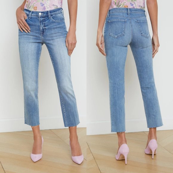 L'Agence Sada Cropped Jeans High Rise Slim Fit Raw Hem Whiskering Sz 28 Tuscany - Picture 2 of 10